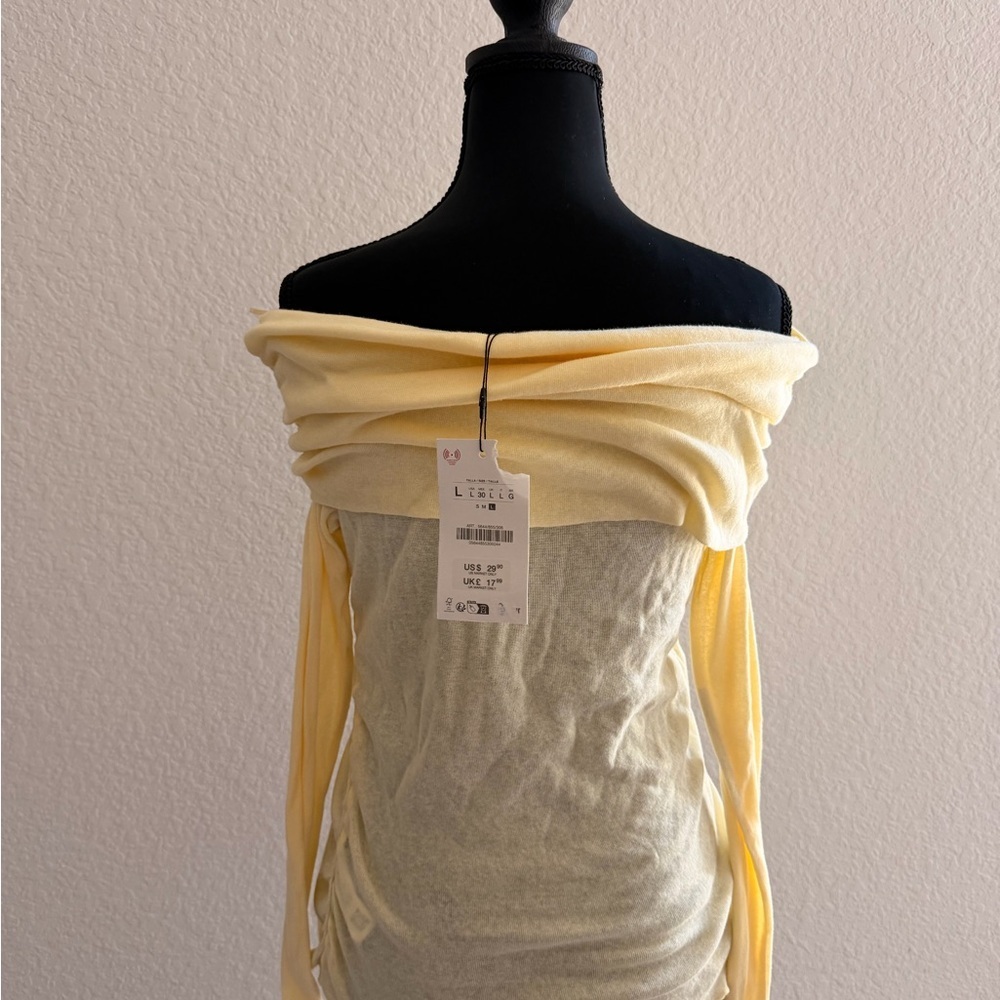 ZARA Soft Light Yellow Off-Shoulder Boat Neck Long Sleeve Top - Picture 3 of 7